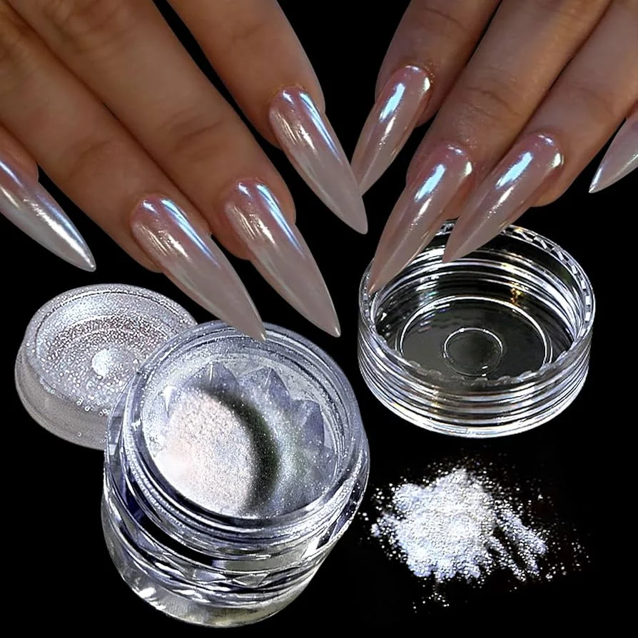 Polvo de Uñas Cromado Blanco Brillante, Efecto Espejo Aurora Transparente, Pigmento de Brillo Azul Transparente, Polvo Cromado para Uñas de Gel