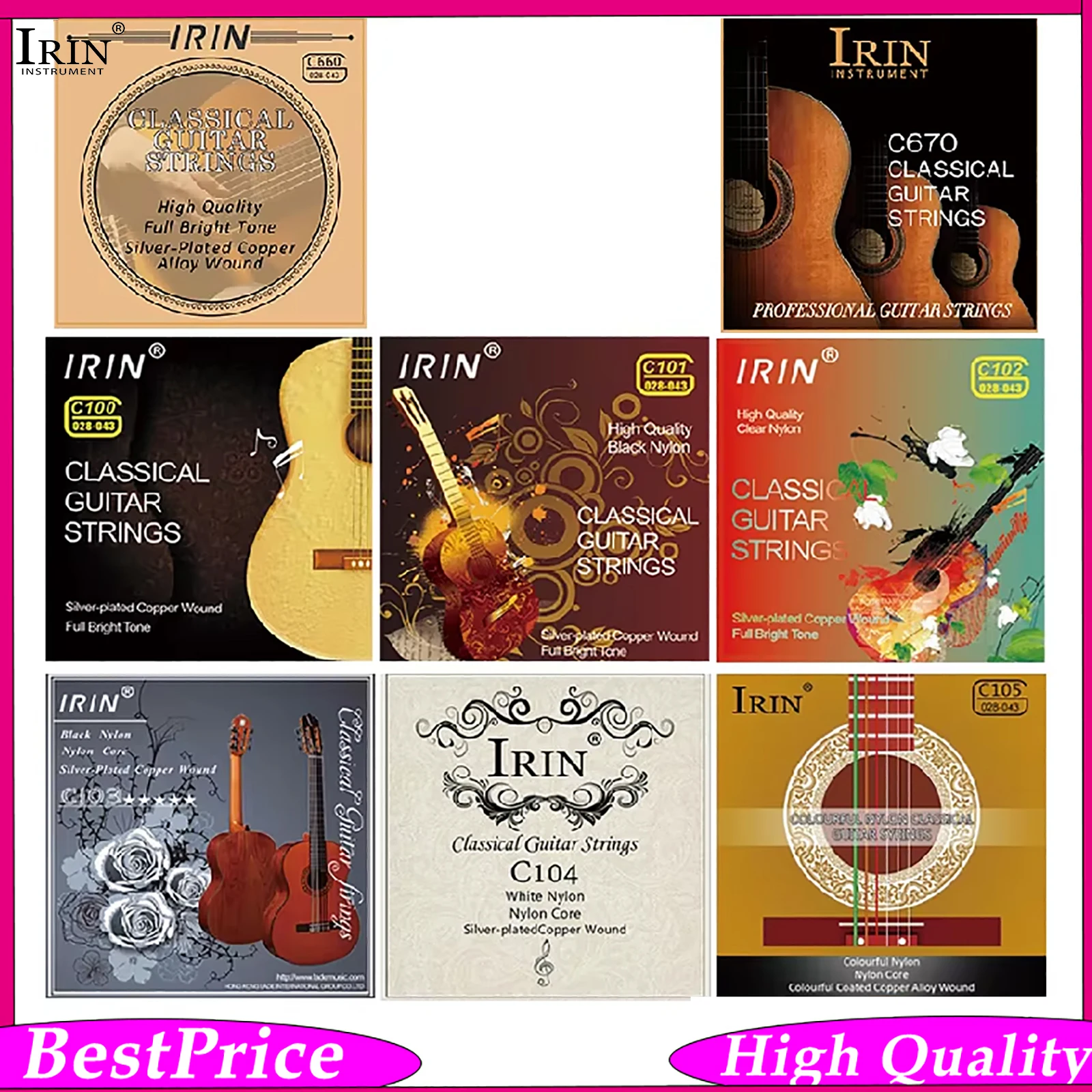 IRIN Classical Guitar Strings -Clear Nylon with Silver-Plated Alloy Winding 6 Strings Classical Guitar Multiple Tension Options