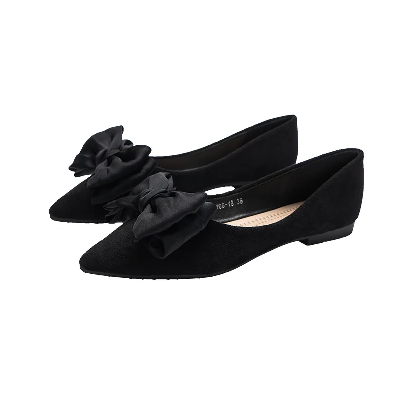 Silk Bowknot Flats Women Flock Ballets Spring Single Shoes Ladies Dress Ballerina Female Pointed Toe Loafers Bride Wedding Shoes