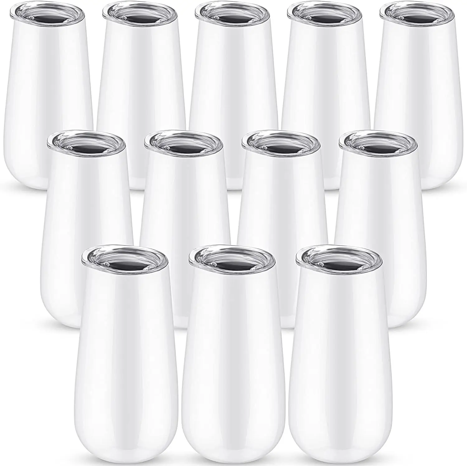 12 قطعة من مزامير الشمبانيا بدون جذع سعة 6 أونصة، أكواب نبيذ معزولة مزدوجة وقابلة لإعادة الاستخدام مع غطاء لحفلات الزفاف وحفلات أعياد الميلاد (أبيض) #1