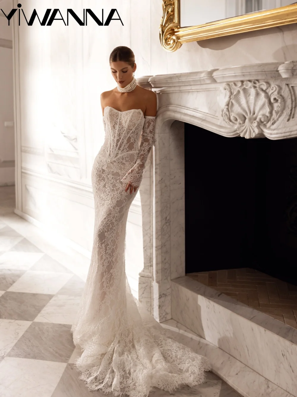 Detachable Sleeve Lace Wedding Dress Elegant Strapless Mermaid Long Bridal Gown Customized Backless Dresses For Bride