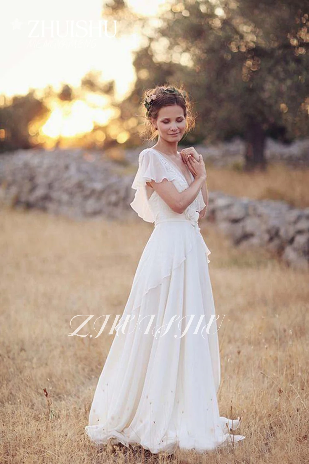 Boho V-Neck Wedding Dresses Chiffon A Line Short Sleeves Backless Floor Length Ruffles Beach Bridal Gowns Bohemian Customized