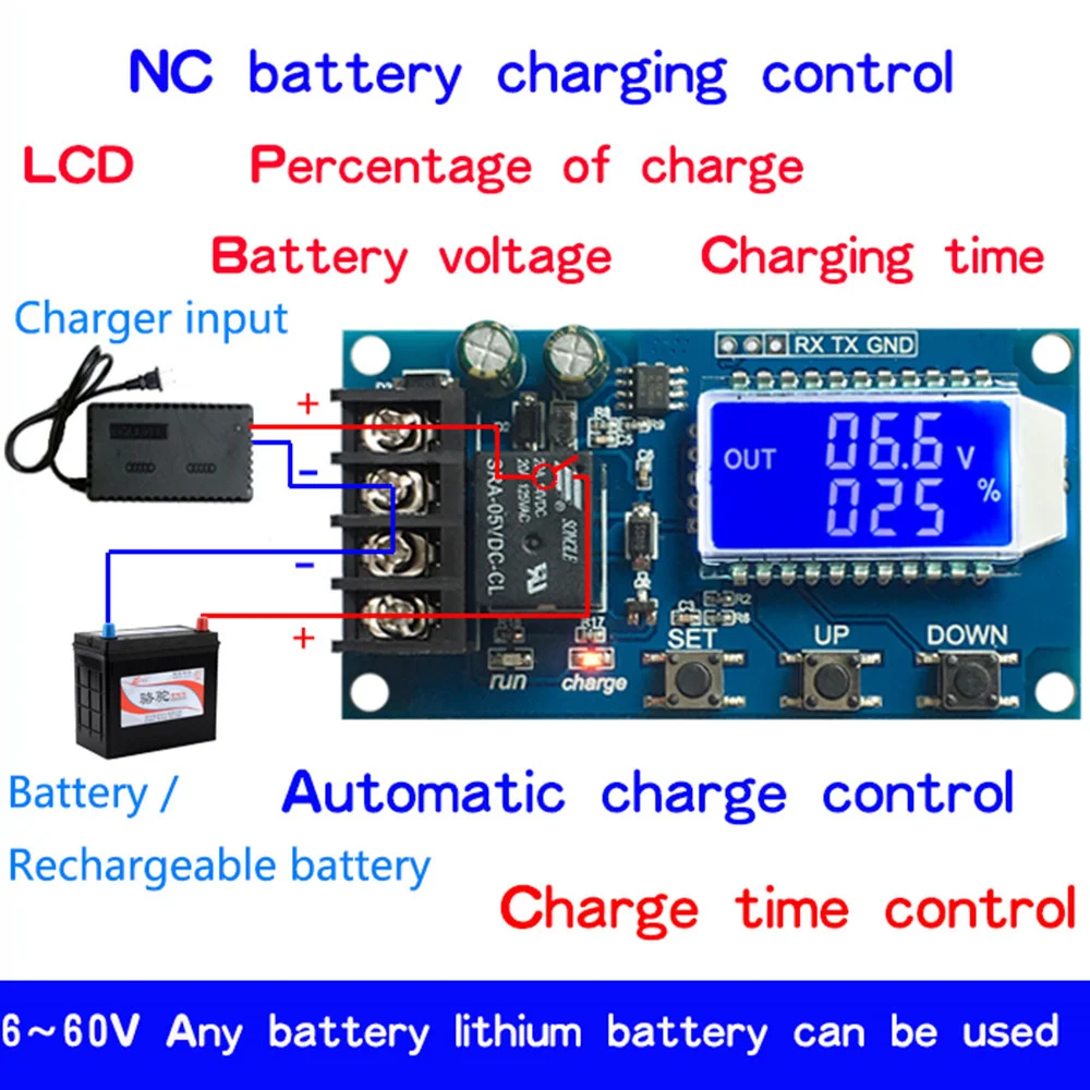 Lithium Battery Charge Controller Protection Board Auto Charging/Cycle Charge/Limited Time Charge Switch Relay LCD Display 6-60V