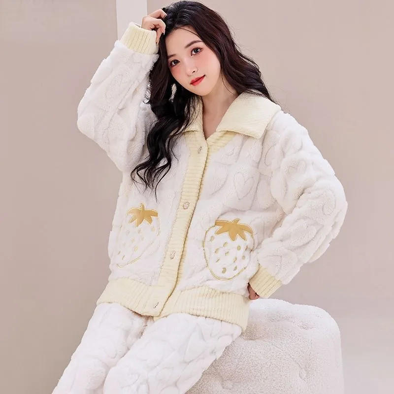 

2024 New Pajamas Women Flannel Thickened Cute Sleepwear Set Autumn Winter Korean Dorm Home Service Suit Girls Leisure Loungewear