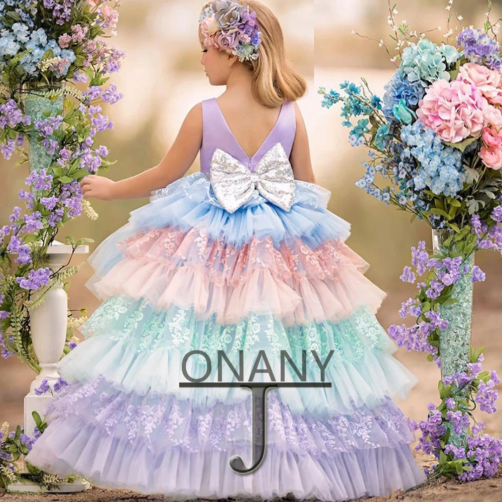 

JONANY Luxury Tiered Flower Girl Dresses Lace Appliques Sequin Bow Belt Birthday Pageant Gown Communion Robe De Demoiselle Baby