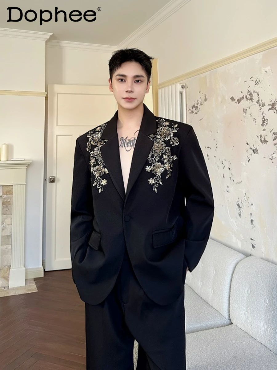 High-end Sequins Three-dimensional Embroidered Suit Jacket Men's 2024 Handsome Trendy Versatile Loose Casual Light Luxury Jacket