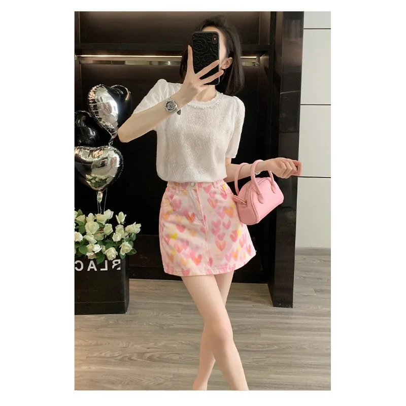 2026 New Pink Denim Mini Skirt Women High Waist Heart Print Jean Skirt Streetwear A-Line Casual Summer Short Skirt view 6