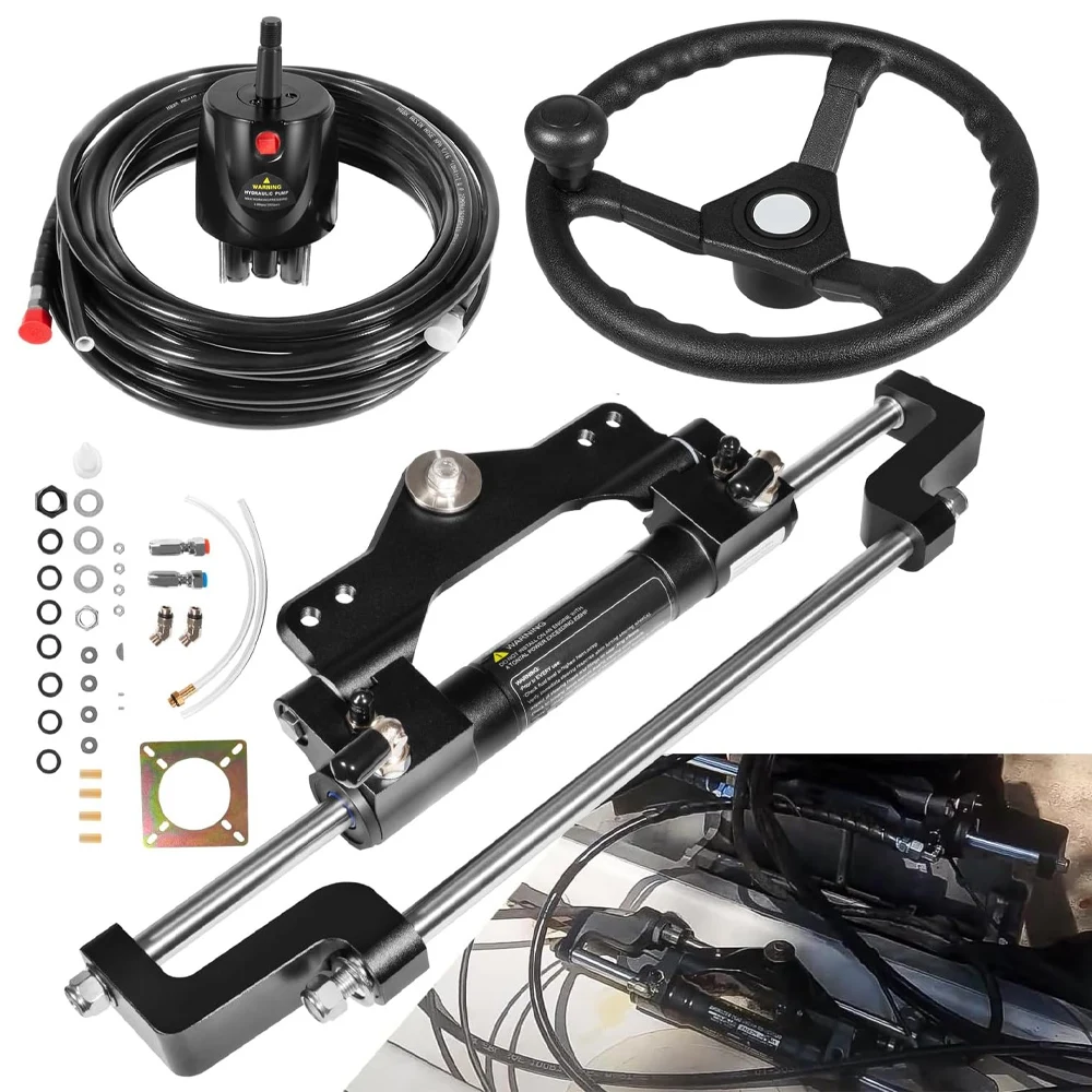 

200HP Hydraulic Outboard Steering Kit - Complete Marine System with Wheel, Helm Pump, Hydraulic Cylinder, 26ft Nylon Hoses