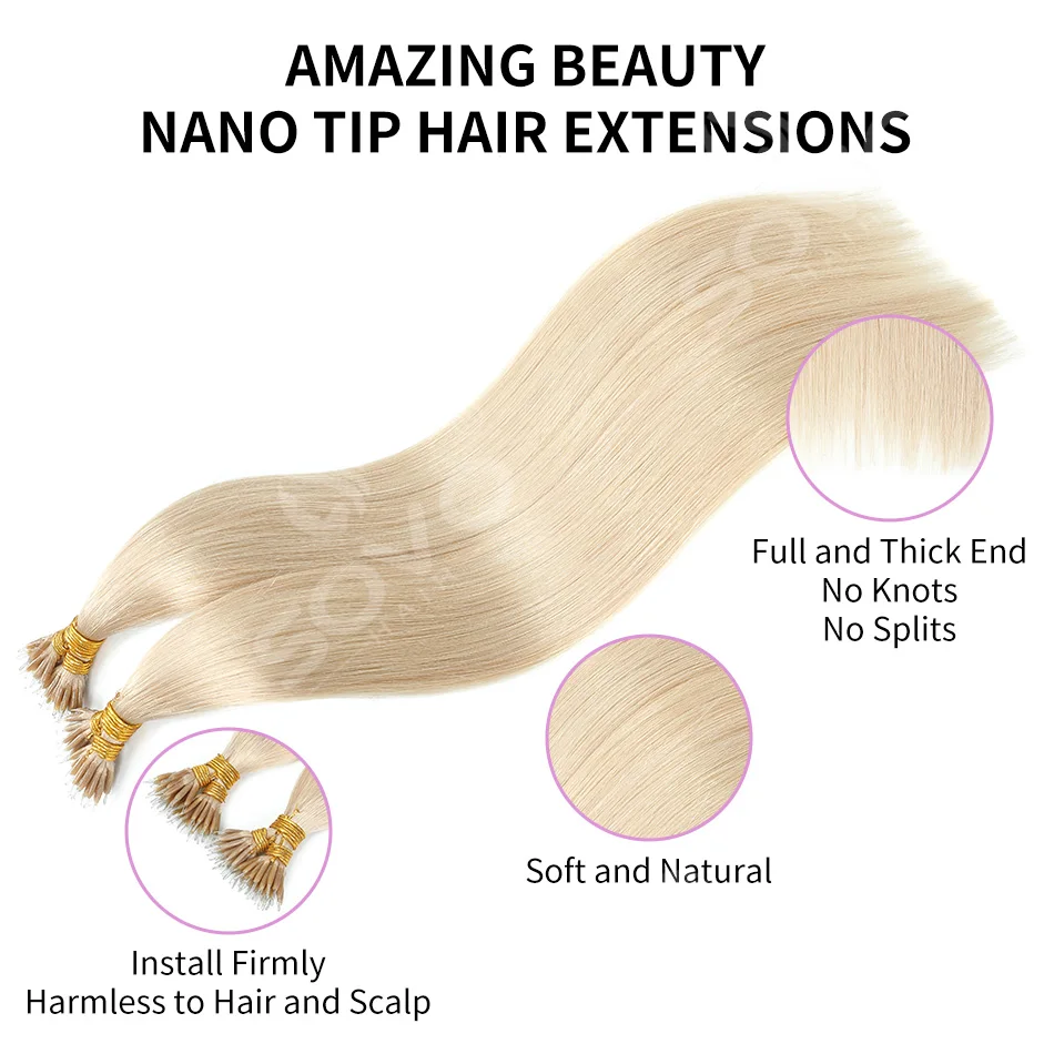 Nano Ring Human Hair Extensions Remy Straight Nano Bead Tip Pre Bonded Micro Ring 18A 14-28Inch 50-100gAdd Volume Highlight