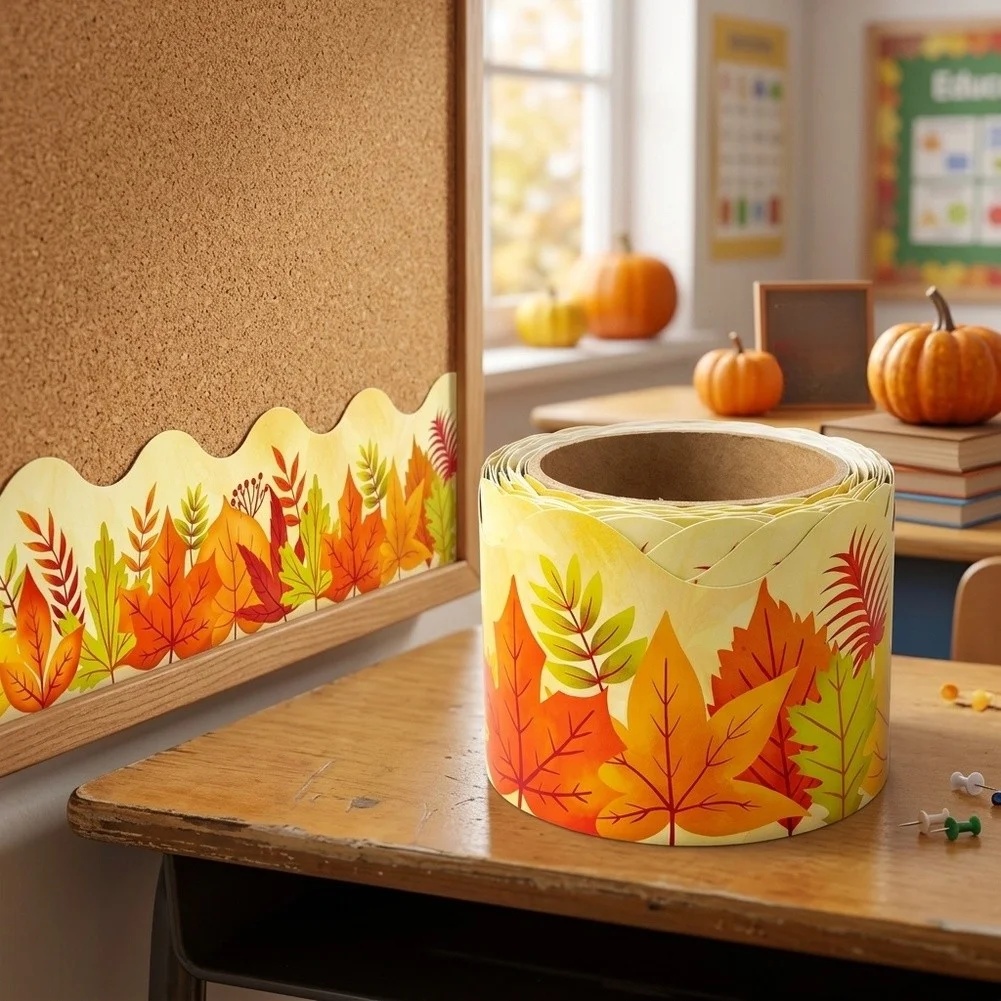 Maple Leaf Themed Paper Stickers for Autumn Decor 10 Meters Long Yellow Color Suitable for For classroom and Office