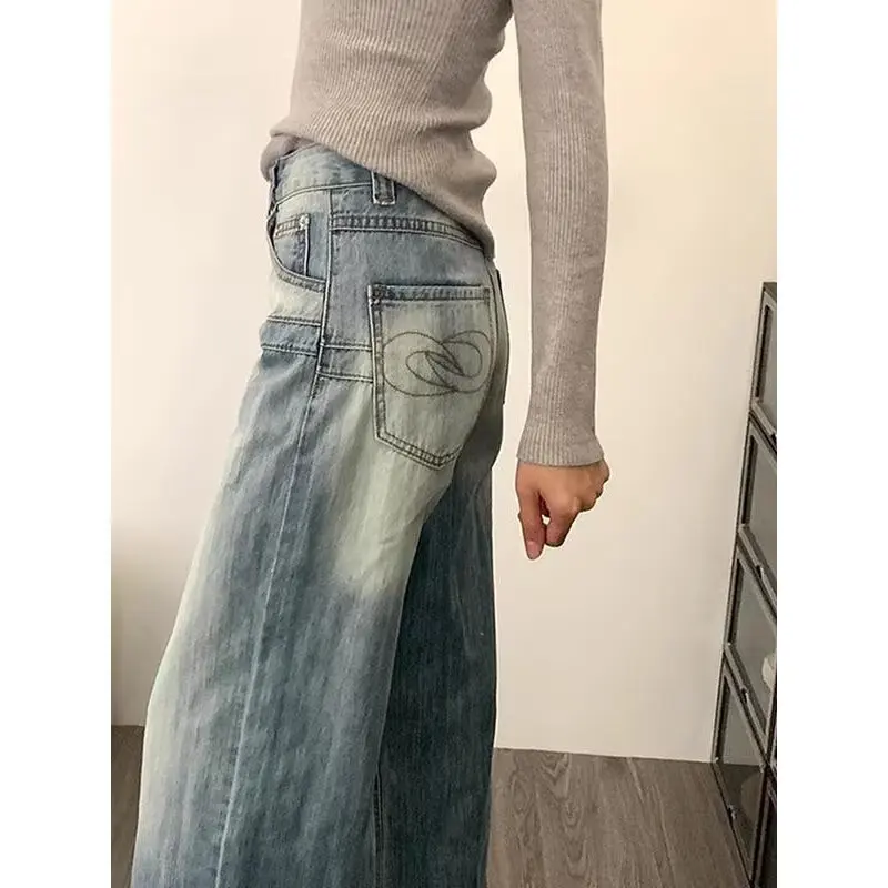 High Waist Wide Leg Jeans Women's Loose Slimming Narrow Version Cover Hip Light Blue Straight Cut Denim Pants Spring Autumn