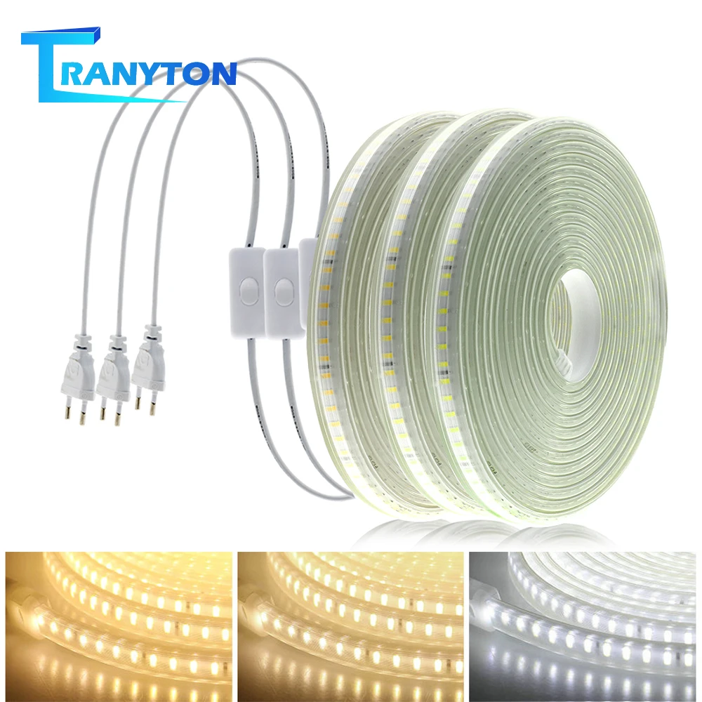 220V LED Strip 120LEDs 8W/m with EU Plug and Switch Not Dazzling Flexible LED Light Waterproof Outdoor Use LED Tape