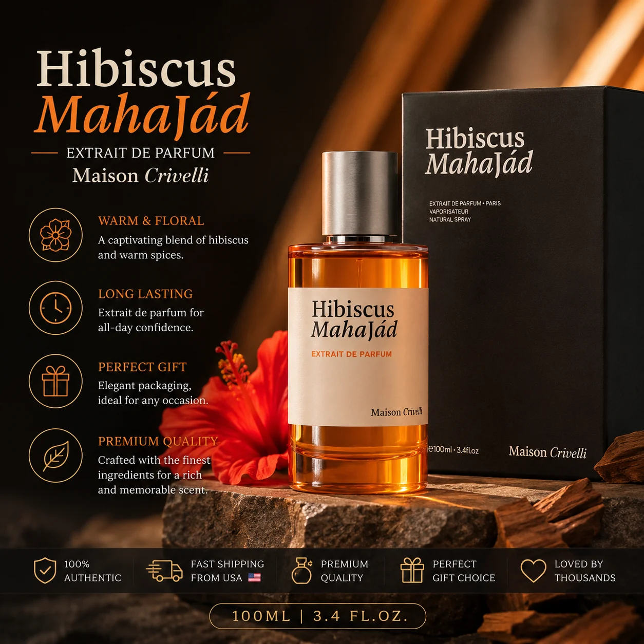 Perfume Hibiscus Mahajad Style 100ml - Extrait de Parfum Floral Amaderado de Larga Duración - Fragancia de Nicho en Botella Naranja, Regalo Unisex