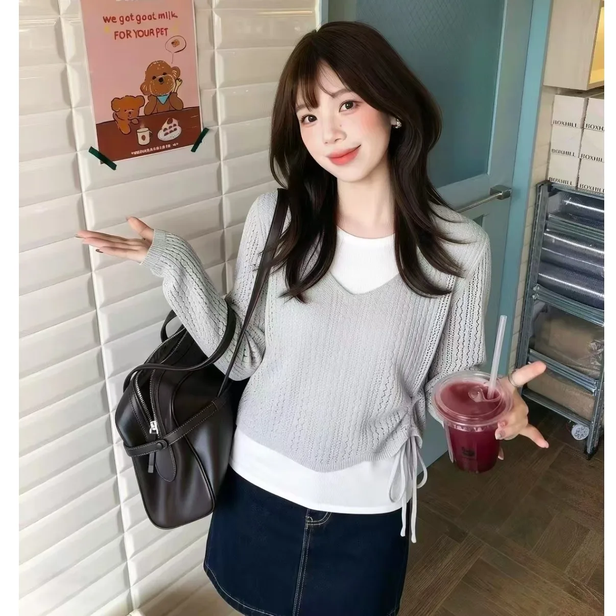 Light Grey Ice Silk Knitted Sweater with Drawstring Collar Spliced Design Spring Summer New Style Women's Regular Fit Top