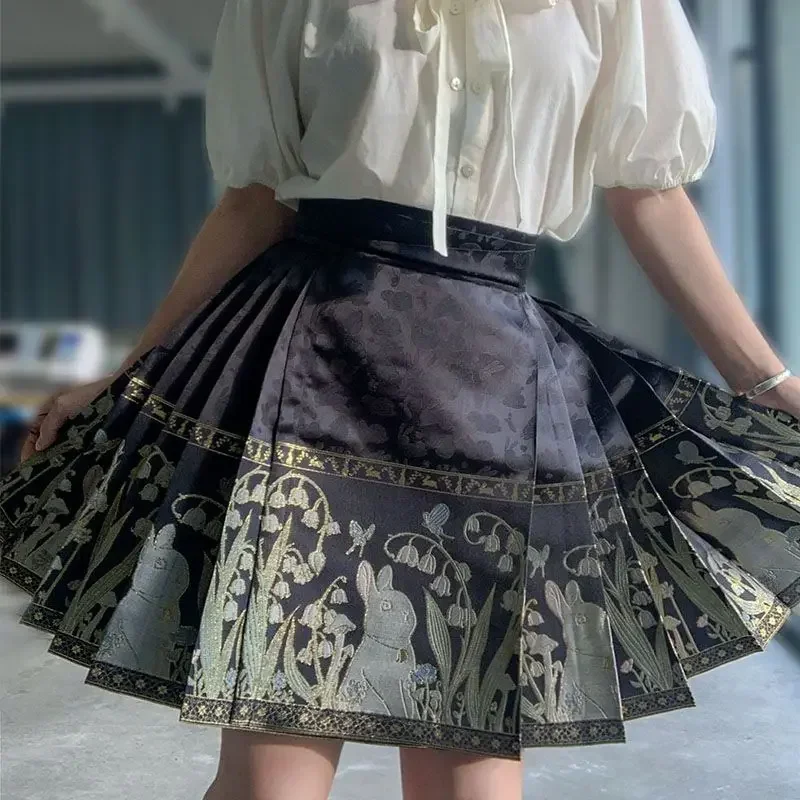 Chinese Style Improved Exquisite Printed Horse-face Skirt Women High Waist All-match Mini Horse-face Pleated Skirt Y2k Clothes