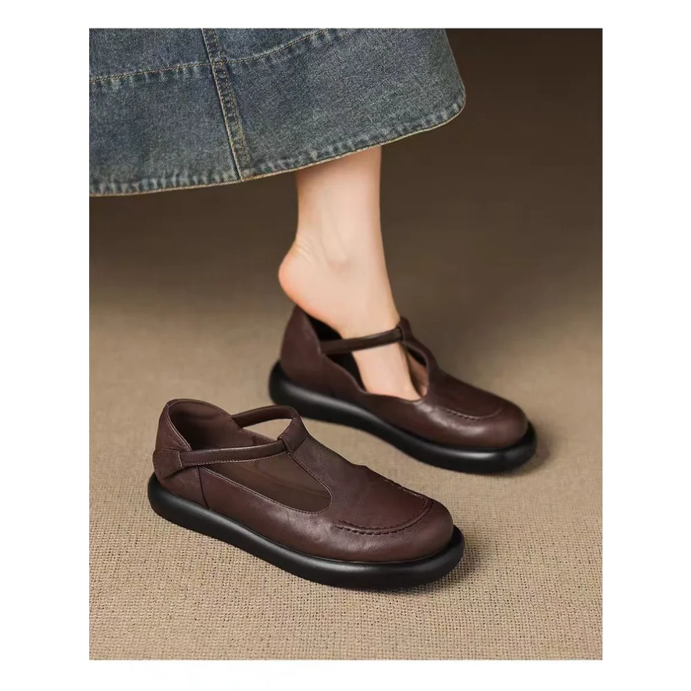 Vintage schokoladenbraune Mary-Jane-Slipper mit runder Zehenpartie, Slip-On-Loafer aus weichem Leder, bequeme Freizeitschuhe, rückenfreie Pantoletten, Streetwear – Detail 3