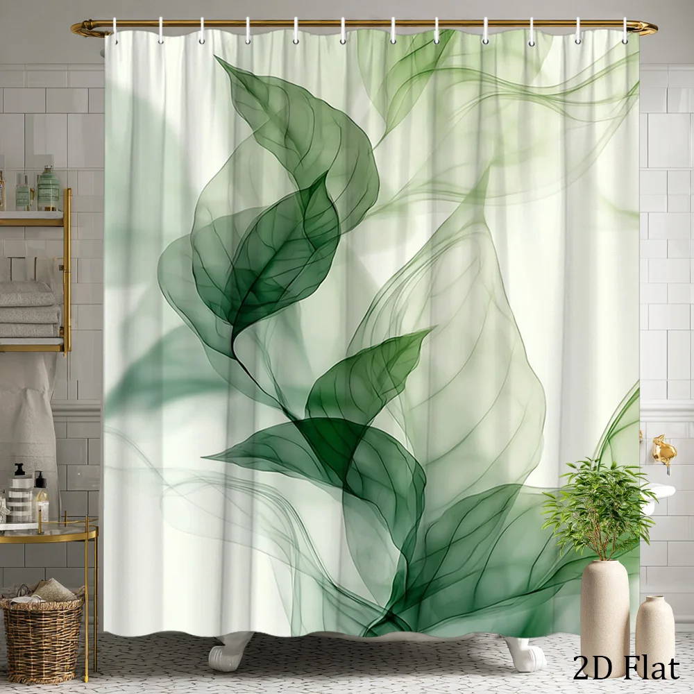 Elegant Botanical Leaf Shower Curtain – Sheer Green Veins on White,  12 Hooks, Machine Washable, Nature-Inspired Bathroom Decor
