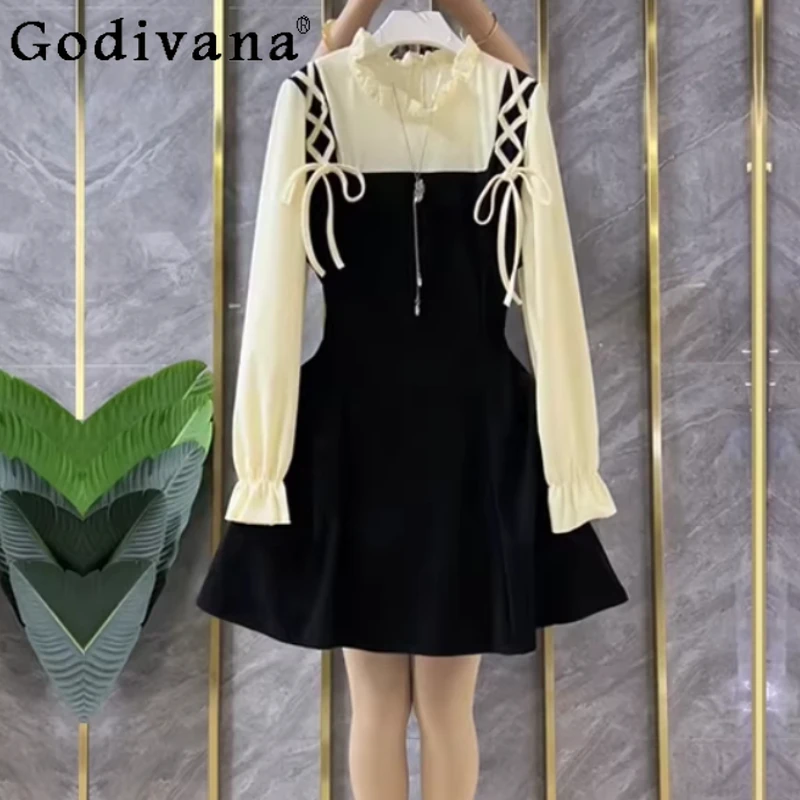 

Весенне-осеннее женское платье большого размера с рюшами, воротником-стойкой, имитацией двухслойного дизайна, в корейском стиле, с завышенной талией, А-силуэт, универсальное, модное