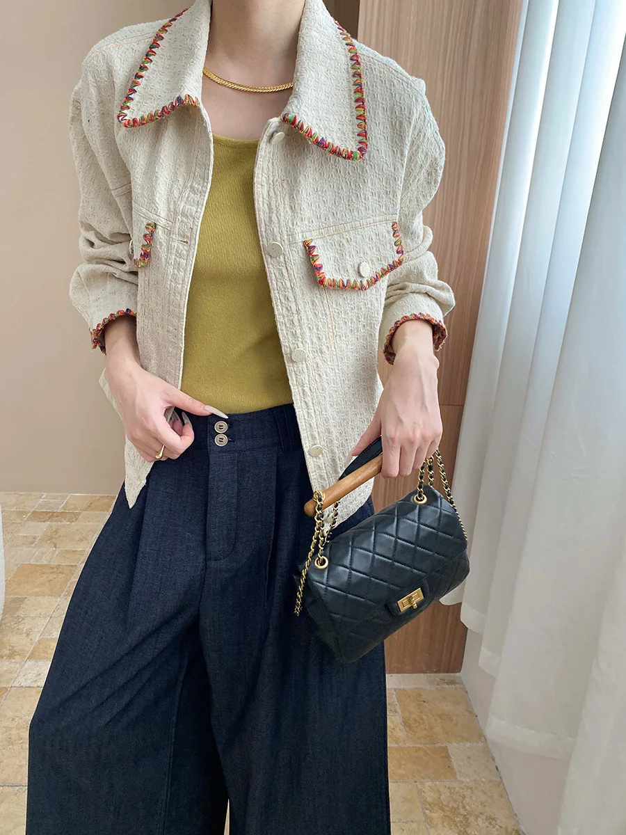 

Heavy Industry Color Graffiti Embroidery Design Sense Flip Collar Loose Casual Coat