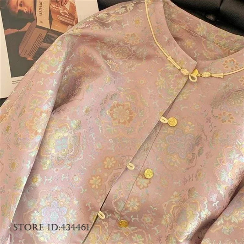 

New Chinese Style Female Jacket Tang Style Top Pink Jacquard Long Sleeve Coat Spring Summer New Fashion Outwear Loose Streetwear