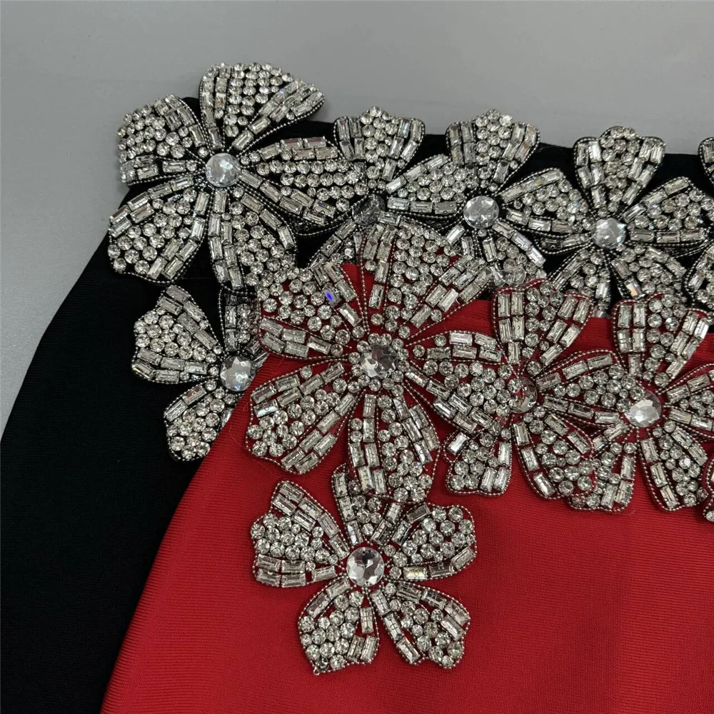 Women\'s Heavy Industry Nail Bead Flower Short Skirt Set High Collar Long Sleeve Tight Ultra Short Top+Mini Skirt Two Piece Set