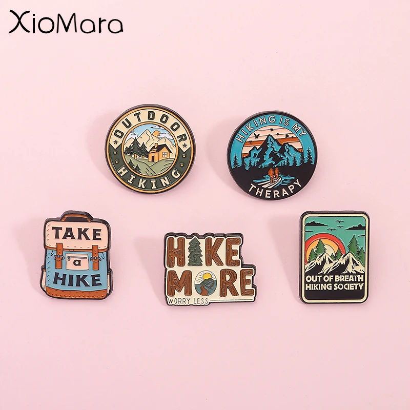 Hike More Worry Less Emaille Pin Natural Mountain Adventure Brosche Revers Rucksack Metallic Abzeichen Modeschmuck Geschenk für Freund