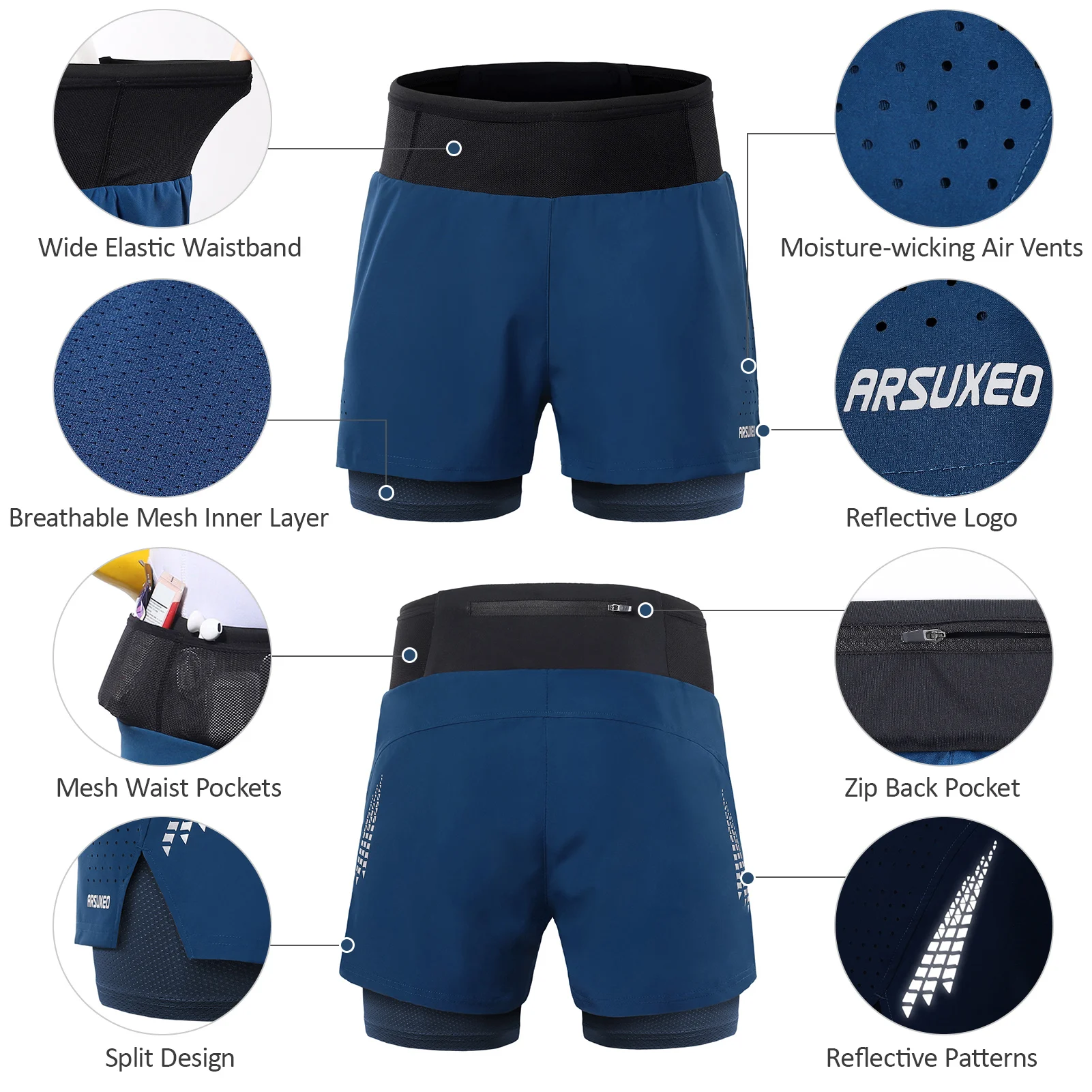 Arsuxeo Men 2 in 1 Running Shorts High Waist Athletic Shorts Sport Shorts Workout Shorts with Pockets for Gym Jogging Tennis