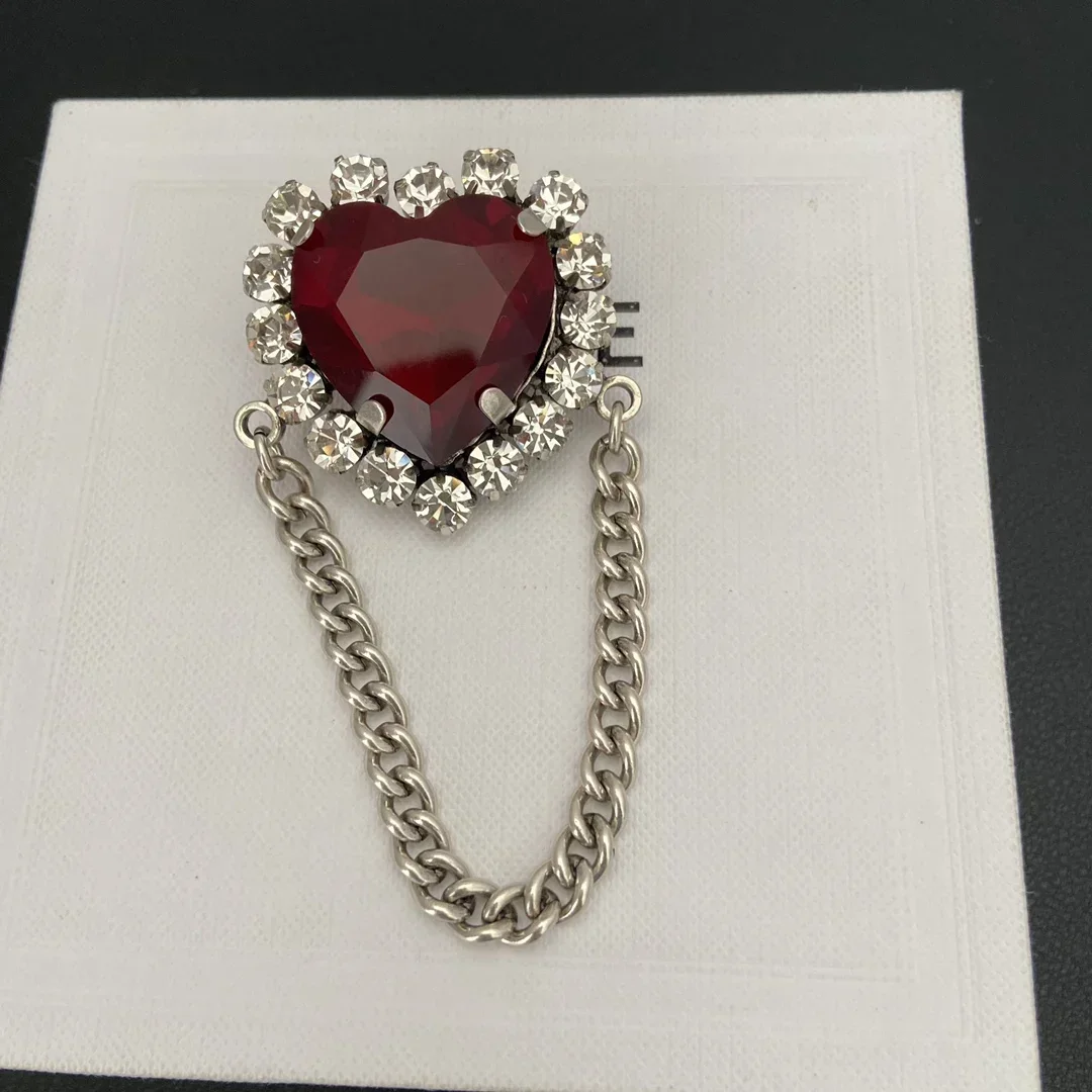 European and American retro red love heart chain brooch