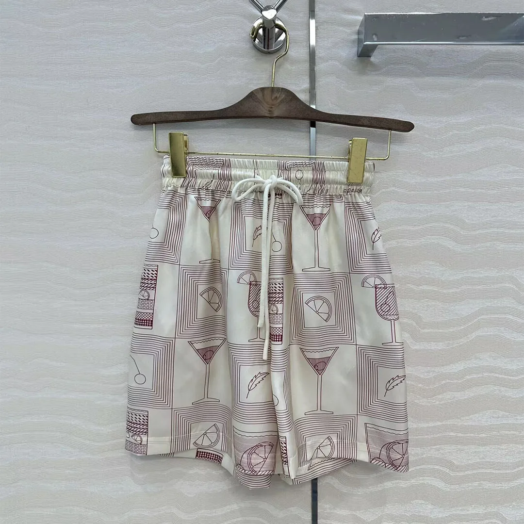 

2025 New Fashion High Street Summer Casual Shorts Women 100% Silk Geometric Print Elastic High Waist Lace-up Belt Loose Shorts
