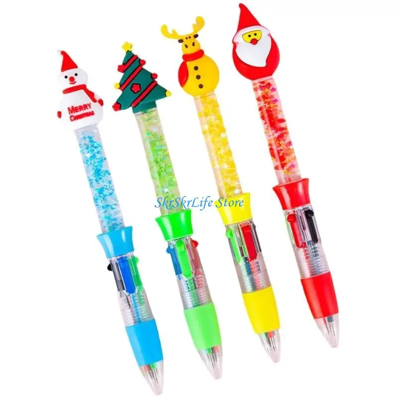 E65E 4Pcs Christmas Drift Sand Ballpoint Pen 4-Color-in-1 Pen Retractable Multicolored Pen for Writing Noting Color Coding