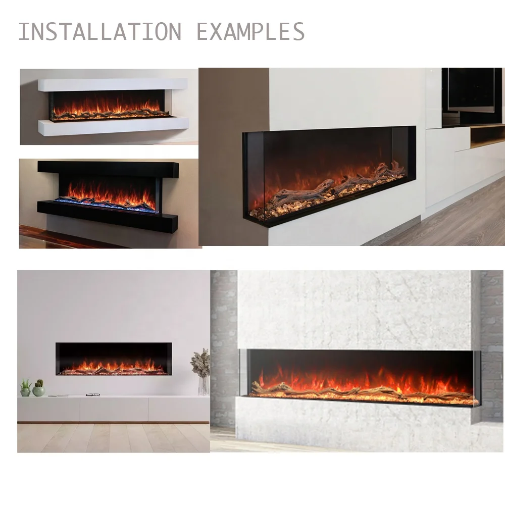 70 Inch 3D Mirror Crushed Diamond Fireplace Glowing Ember Bed Realistic LED Flame Insert 3 Sided Mirrored Electric Fireplace