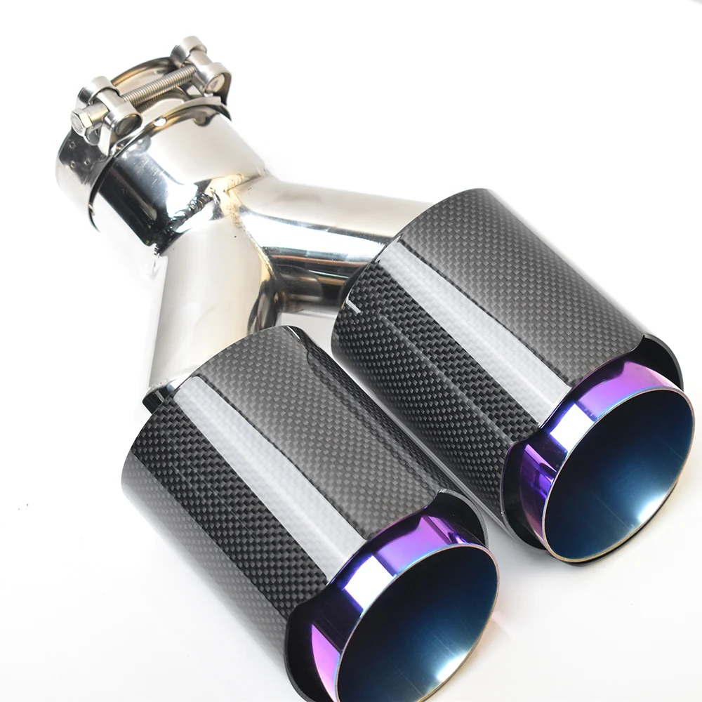 1PC Glossy Straight Carbon Stainless Steel Dual tip Equal Length Muffler Pipe End tail Middle Purple Exhaust Tip With Remu Logo