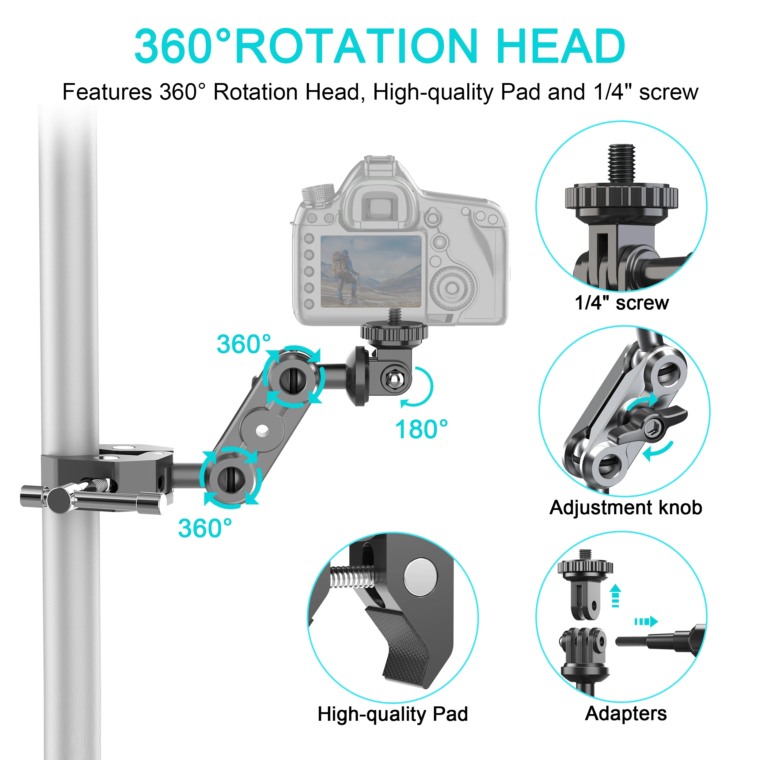 Super Clamp Camera Clamp Mount Monitor 360° Ballhead Magic Arm Double Ball Head Adapter with 1/4