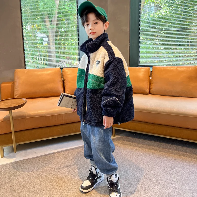 

Children Boys Thicken Plus Velvet Jacket School Boy Contrast High Collar Zipper Warm Sweat Jacket Junior Boy Woolen Outwears