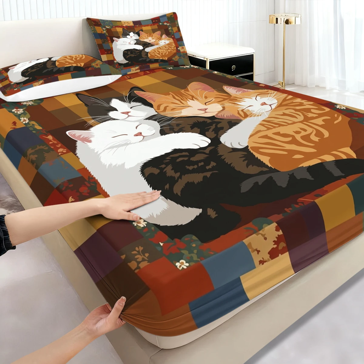 3PCS Patchwork Grid Sleeping Cat Fitted Sheet Set, Elastic Mattress Cover with Pillowcases, Cute Kitten Print Bedding Decor