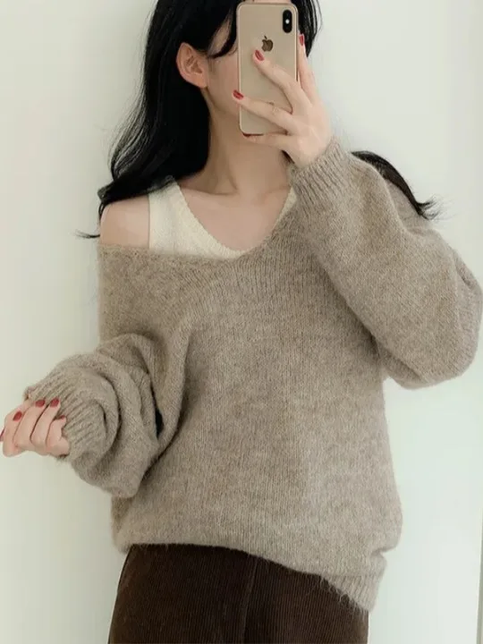 Conjunto de Suéter de Punto Suave y Acogedor con Hombros Descubiertos para Mujer, Conjunto de Dos Piezas Hoado, Moderno par...