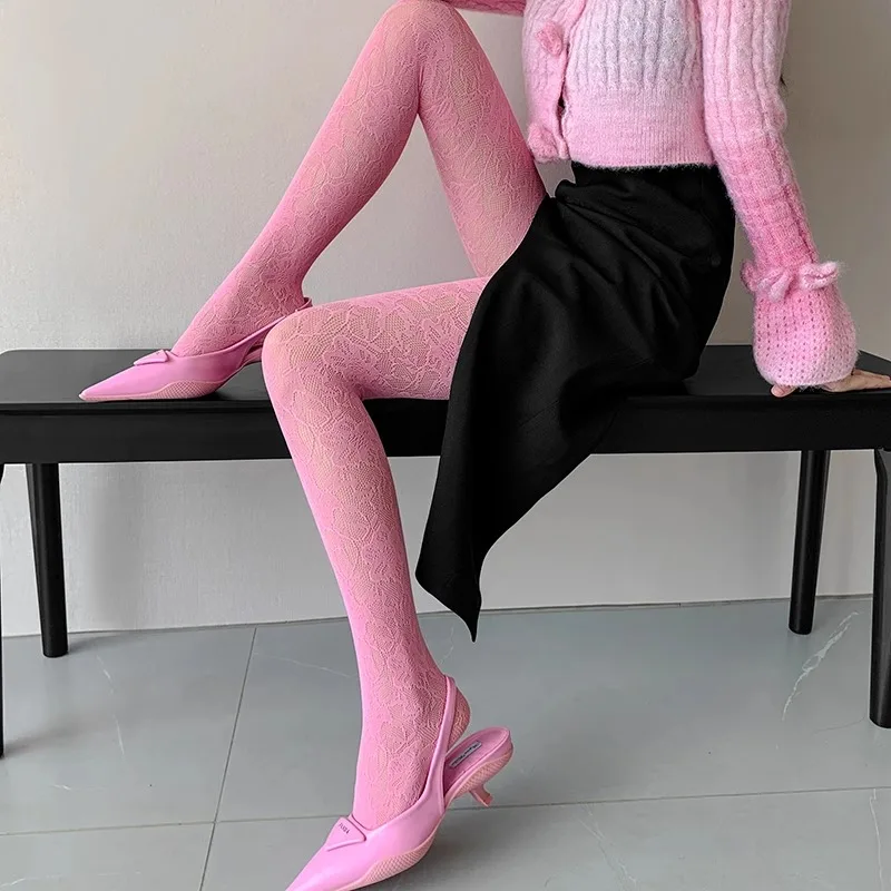 Retro Fishnet Tights Women's Lace See-Through Socks Stockings Thin Pink Hollow Female Pantyhose Y2k Elastic Underwear Nightwear