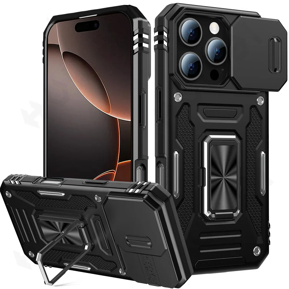 Case For iPhone 16 15 14 13 12 11 Pro XS Max Plus XR 8 7 Plus 2024 Ring Stand Armor Anti-fall Slide Camera Kickstand Cover