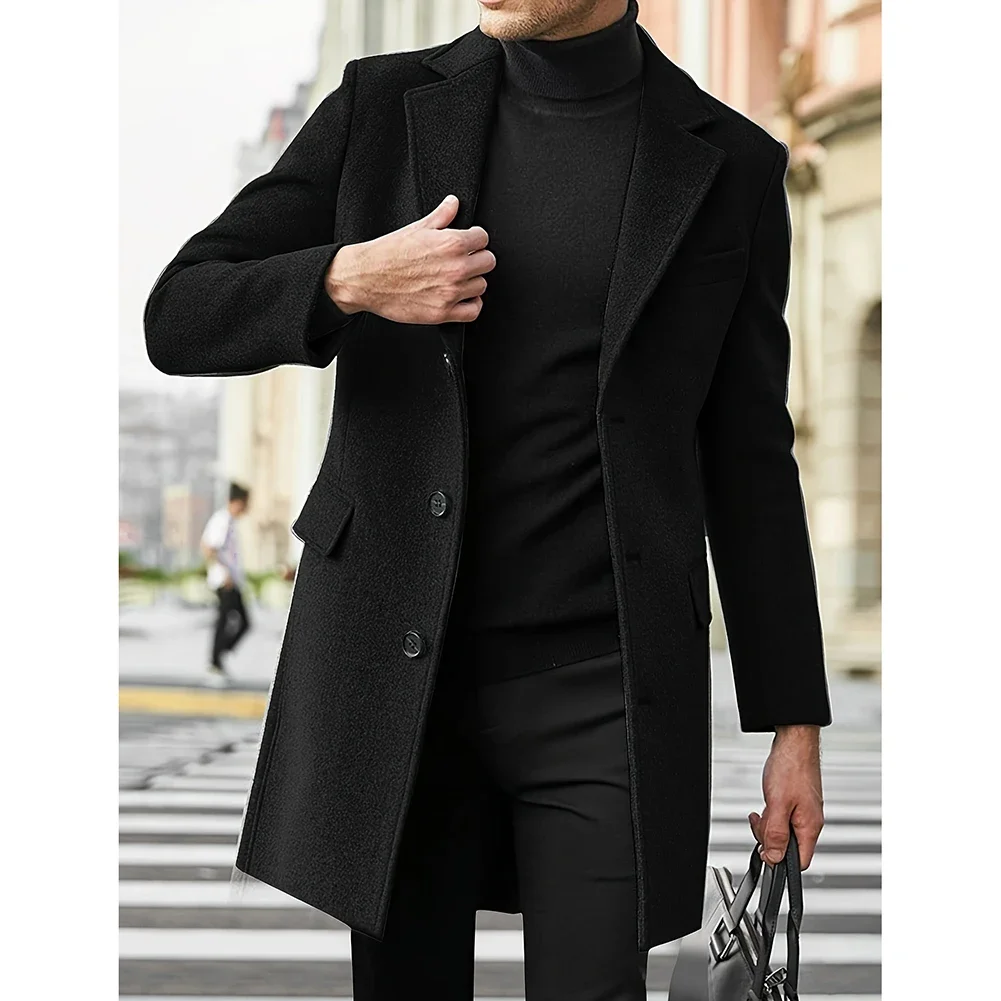 

Men Casual Long Woolen Overcoat Windbreaker Jacket Slim Fit with Lapel Neck Suitable for Streetwear and Event Wear