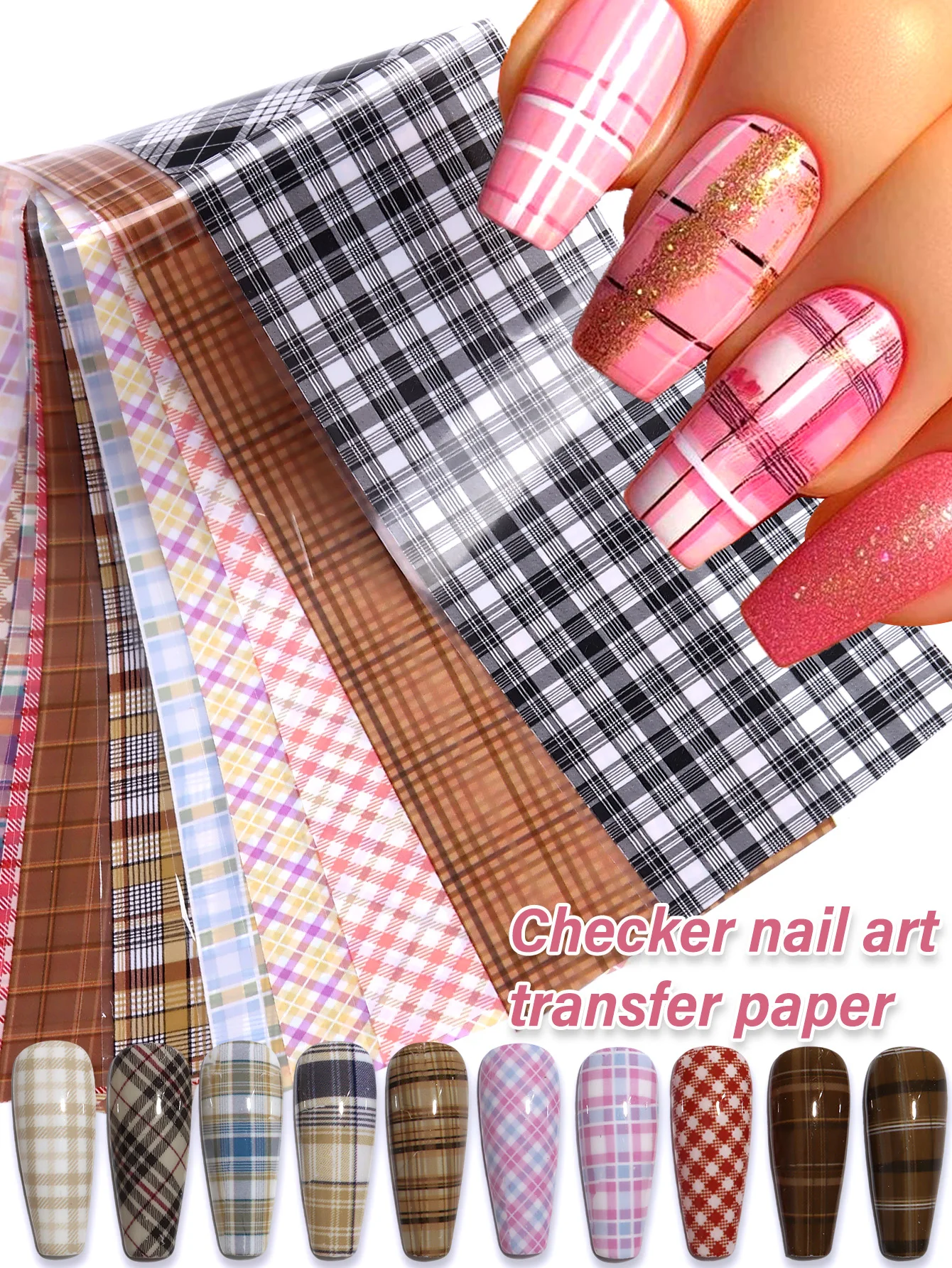 Rosa Hahnentritt-Nageltransferaufkleber, Diamantmuster-Retro-Nagelsticker, Sternenhimmel-Nagelkunst-Hologramm-Transferaufkleber. – Detail 1
