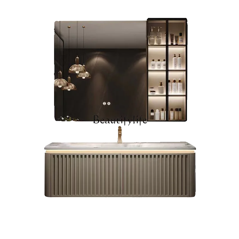 

Light luxury rock slab hot bending integrated basin bathroom cabinet oak washstand bathroom cabinet
