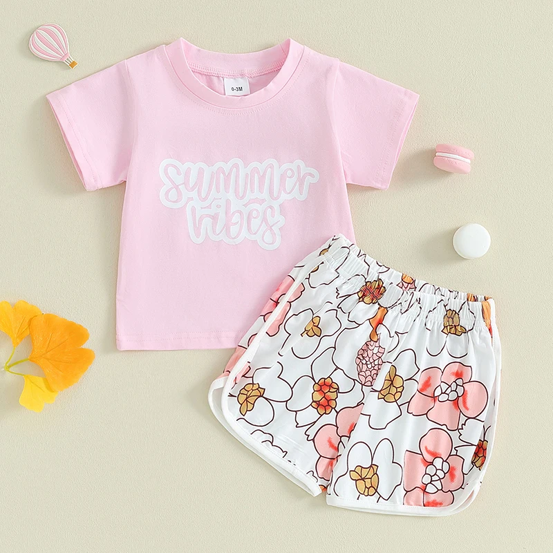 2PC Summer Baby Girl Short Sets Letters Print T-Shirts Top Shorts 3 6 9 12 Months Infant Outfits Beach Clothes