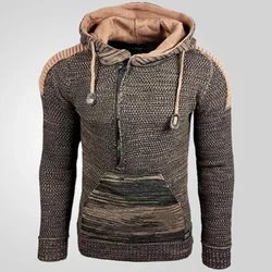 Men Pullovers Sweatshirts Sweaters Hooded Pockets Casual Loose Splice Knitted Drawstring Regular Thick Tops Autumn Winter