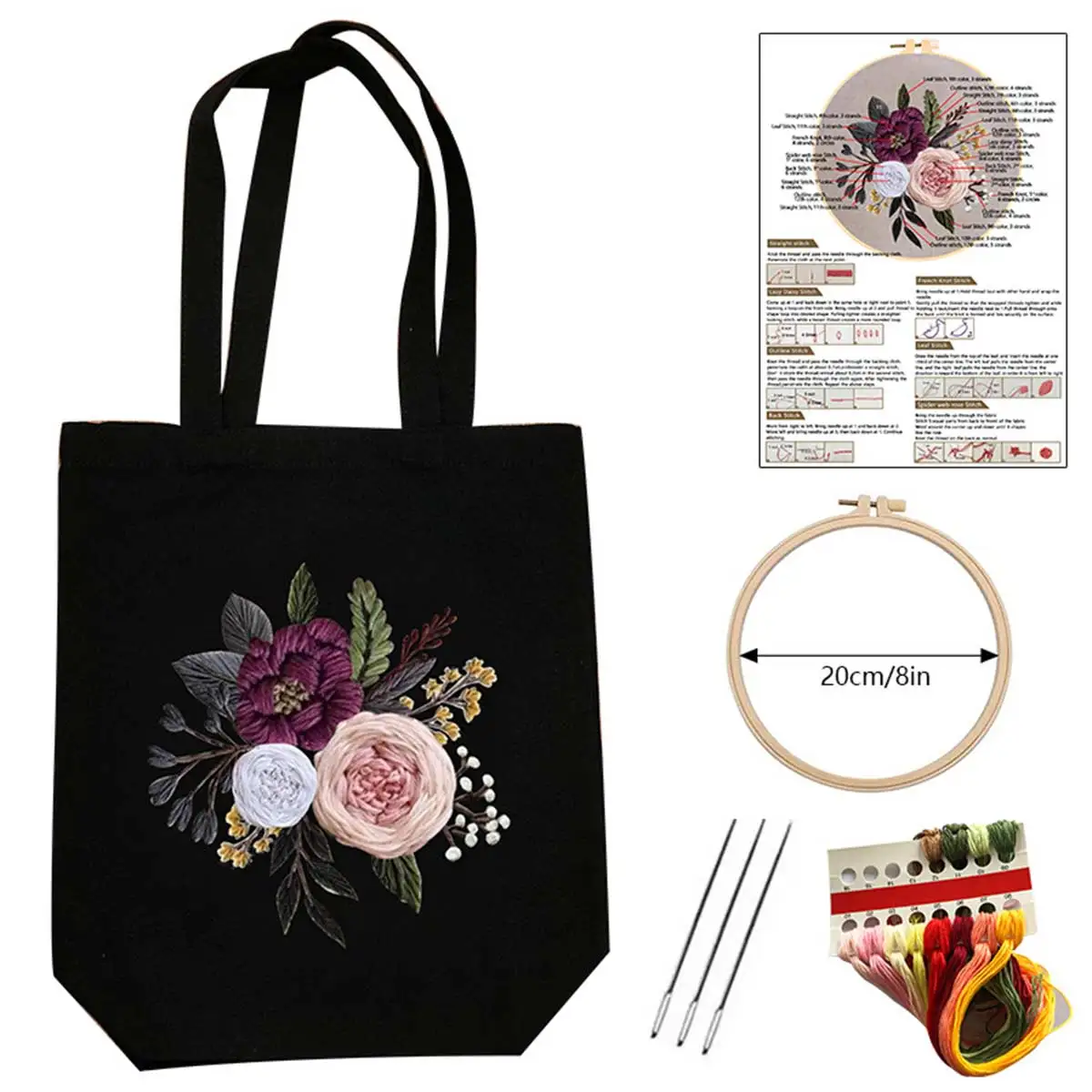 

DIY Unfinished Embroidery Kit Handmade Shoulder Bag for Beginners Floral Pattern Sewing Craft Supplies Material Package