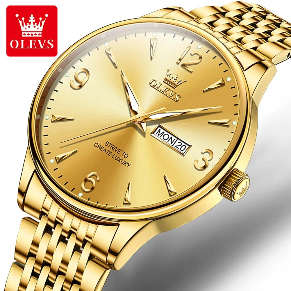 

OLEVS Brand Fashion Quartz Watch Men Stainless Steel Waterproof Luminous Week Date Luxury Gold Watches Mens Relogio Masculino