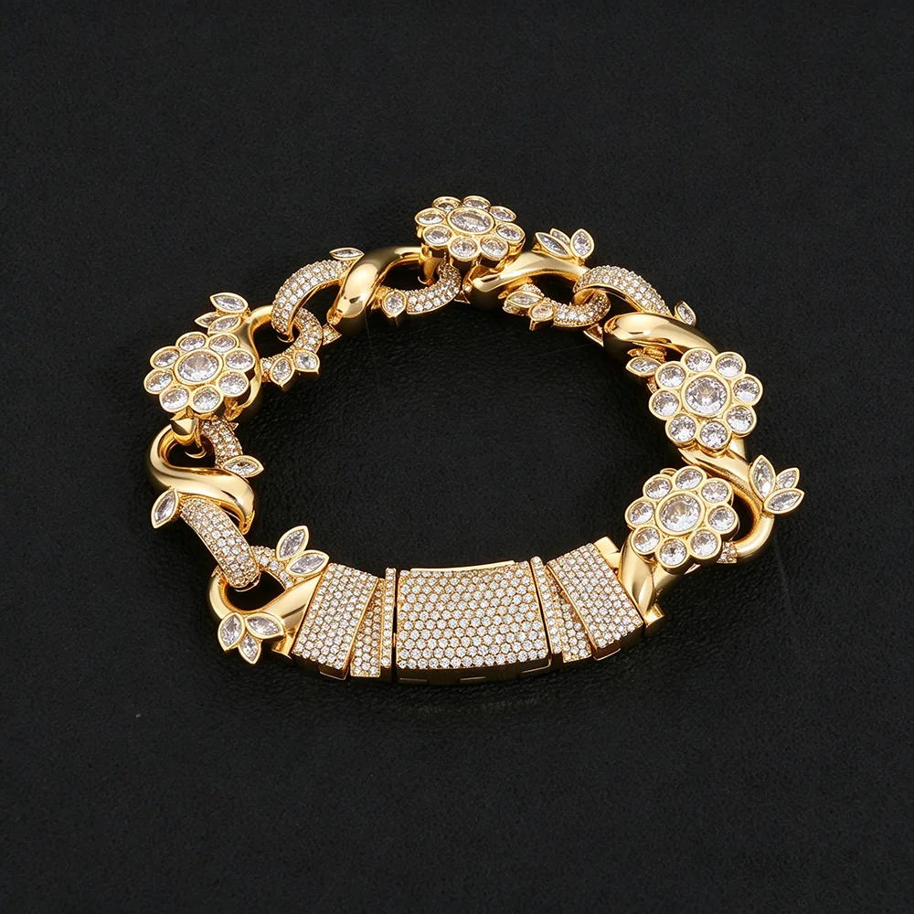 NY Fine Thick 22mm Iced Out Flower Cuban Link Bracelet Bling Brass Cubic Zirconia 18k Gold Plated For Men Hop Hip Jewelry Gifts