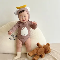 2024 Spring Newborn Cute Monkey Long Sleeve Romper Girl Cotton Infant Print Jumpsuit+Banana Cap 2pcs Boy Toddler Onesie Clothes