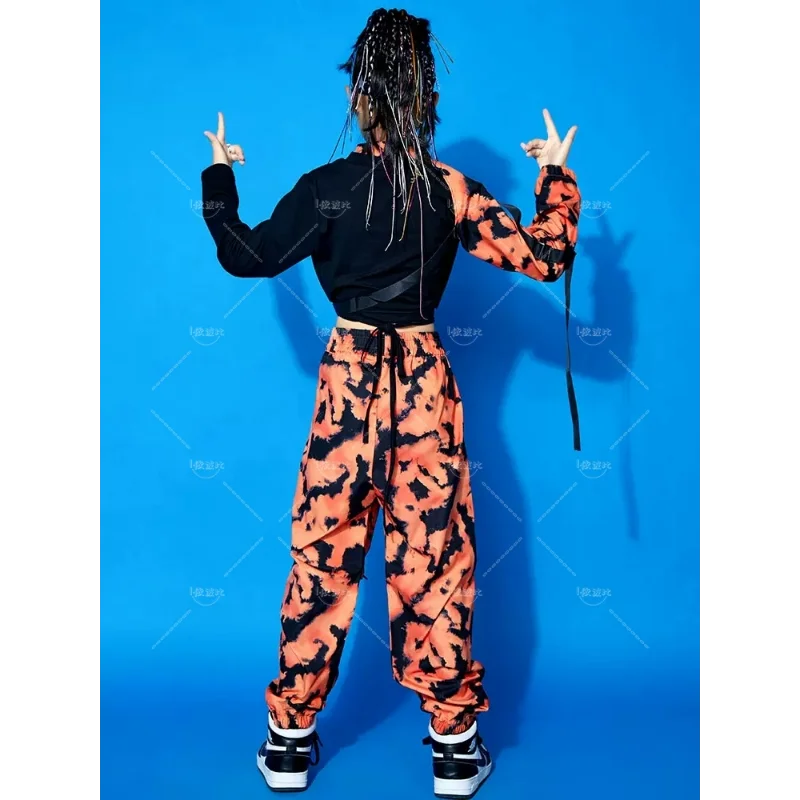 Meisjes Jazz Dans Kostuum Enkele Mouw Luipaard Print Oranje Camouflage Kostuum Concert Kind Hiphop