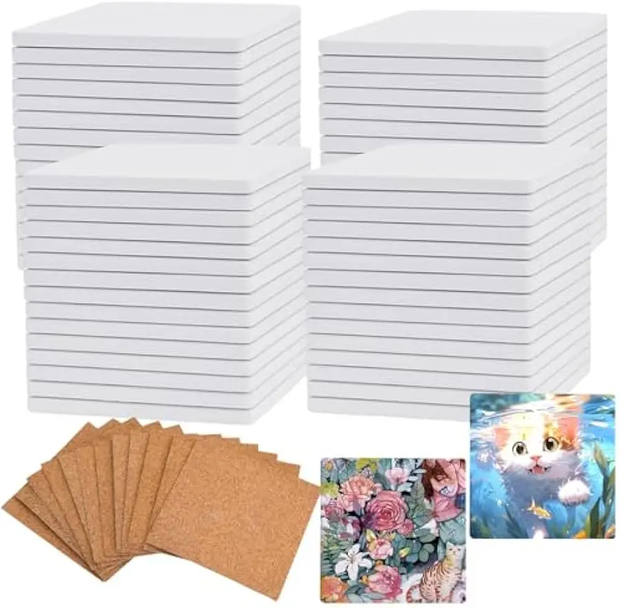 

60 Pcs White Ceramic Tiles for Crafts, 4x4 Blank Unglazed with Cork Backing, Ideal for Painting and DIY Coasters