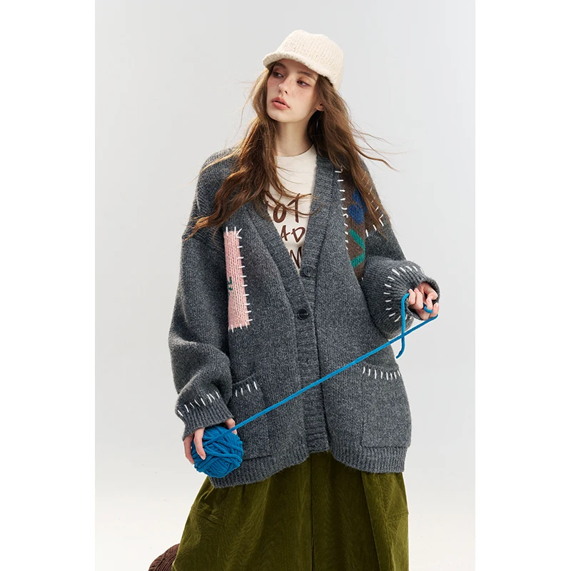 ELFSACK Women's Casual Knit Cardigan with Floral Patch, Loose Open Front Sweater with Pockets, Cozy Long Sleeve Outerwear